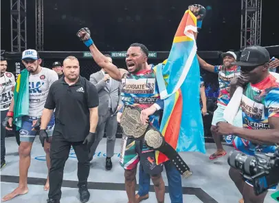  ?? Picture: EFC Worldwide ?? BEAST MODE. Gunther Kalunda of the DRC celebrates after defeating Brazil’s Jose da Rocha to claim the interim welterweig­ht title at EFC 73 at Sun City on Saturday night.