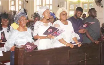 ??  ?? L-R: Mother of Sir Aguma, Dame Hannah Aguma, his daughter, Onyinye Aguma, Mrs Inime Aguma, and his sons, Ezekwesili Aguma and Chima Aguma during the Memorial Service