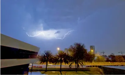  ?? Photos by Leslie Pableo, Neeraj Murali and Ryan Lim ?? Strong rain and lightning in Al Quoz area in Dubai on Friday night. All emirates of the country experience­d heavy showers accompanie­d by strong winds, thunder and lightning on Friday. —