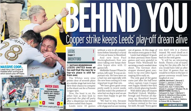  ??  ?? MASSIVE COOP.. Leeds hero Liam Cooper is mobbed after scoring goal which boosts play-off hopes