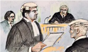  ??  ?? An artist’s impression of David Sherborne, Johnny Depp’s barrister, reading documents at the High Court in London while Depp, left, looks on. Far left, one of the photograph­s of Depp’s alleged injuries