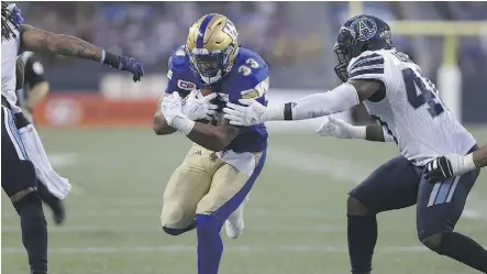  ?? KEVIN KING ?? Winnipeg Blue Bombers running back Andrew Harris represents a dual threat to opposing defences, both as a running back and receiver, but barely touched the ball in last week’s loss to the Toronto Argonauts.