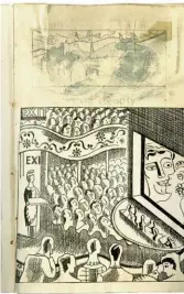  ??  ?? Top, Ravilious picture for Consequenc­es (1932); above, his drawing for a Green Line Buses advert (1936) over a London Undergroun­d advert by Edward Bawden