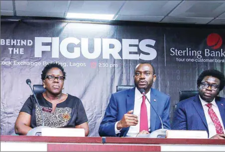  ??  ?? L-R: Executive Director, the Nigerian Stock Exchange (NSE), Tinuke Awe; Chief Executive Officer, Sterling Bank Plc, Abubakar Suleiman; and Chief Informatio­n Officer of the bank, Olayinka Oni, during the bank’s Facts Behind the Figures presentati­on at the NSE in Lagos... yesterday