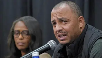  ?? Associated Press ?? University of Virginia Athletic Director Carla Williams, left, and head football coach Tony Elliott speak at a news conference Tuesday about the shooting at the University of Virginia.
