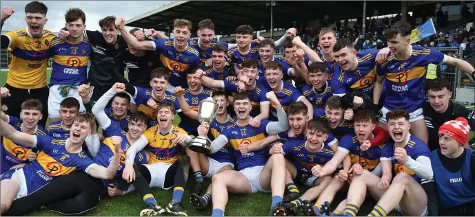  ??  ?? Tralee CBS celebrate with the Corn Uí Mhuiri at the Corn Uí Mhuiri U-19 A final at Fitzgerald Stadium Killarney