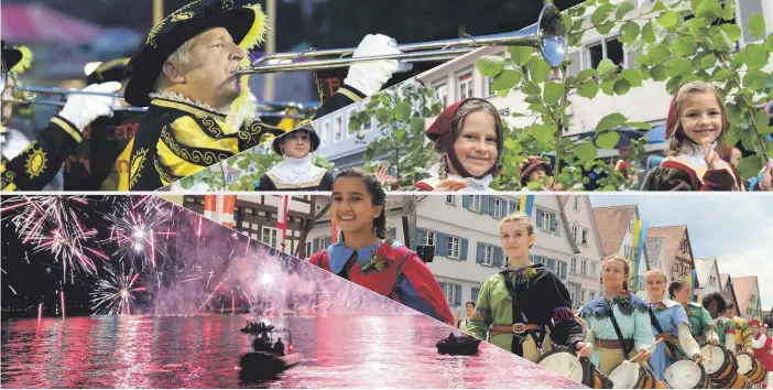  ?? FOTOS: THOMAS WARNACK/FELIX KÄSTLE/DANIEL HÄFELE/GEORG KLIEBHAN ?? Festimpres­sionen (im Uhrzeigers­inn): Fanfarenzu­g Saulgau beim Bächtlefes­t, Ravensburg­er Rutenkinde­r, Antrommeln auf dem Biberacher Marktplatz, Feuerwerk am See.