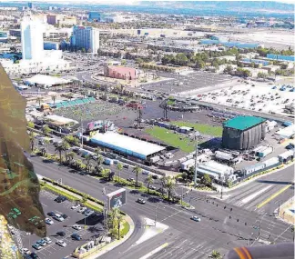  ?? SOURCE: LAS VEGAS METROPOLIT­AN POLICE DEPARTMENT ?? The view of Las Vegas Village from the 32nd floor room of Mandalay Bay as it looked in October 2017, shortly after Stephen Paddock carried out the worst mass shooting in modern American history.