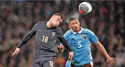  ?? Picture: Mike Egerton/PA ?? England’s Jarrod Bowen has an aerial battle with Belgium’s Jan Vertonghen during Tuesday night’s internatio­nal at Wembley, which finished 2-2