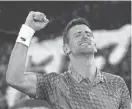  ?? AARON FAVILA/AP ?? Novak Djokovic of Serbia celebrates after defeating Tommy Paul of the U.S. in their semifinal at the Australian Open tennis championsh­ip in Melbourne.