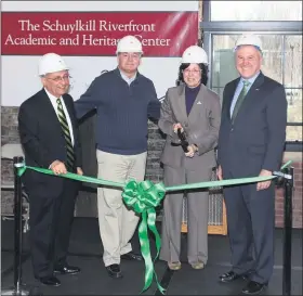  ?? PHOTOS COURTESY OF MCCC ?? Cutting the ribbon on phase II of the Riverfront Academic and Heritage Center are (from left) MCCC Foundation Board Member Jack Koury, MCCC Board of Trustees Chairman Michael D’Aniello, MCCC President Dr. Karen Stout, and Pa. Senator John Rafferty.