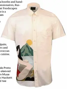  ??  ?? Right: Ricardo Preto Watt short-sleeved dress shirt in Muse print; below: Hackett AMRstriped tee