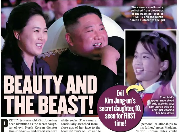  ?? ?? The camera continuall­y switched from close-ups of the beaming faces of Ri Sol-ju and the North Korean dictator to the girl