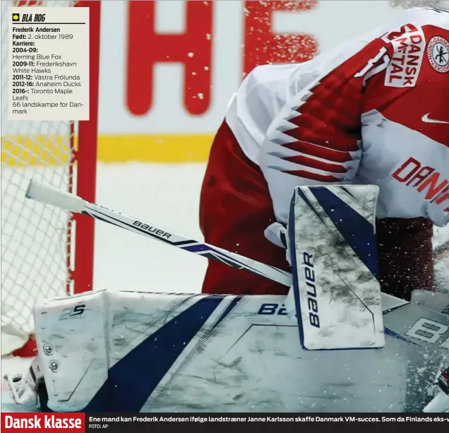  ?? FOTO: AP ?? Dansk klasse Ene mand kan Frederik Andersen ifølge landstraen­er Janne Karlsson skaffe Danmark VM-succes. Som da Finlands eks-v