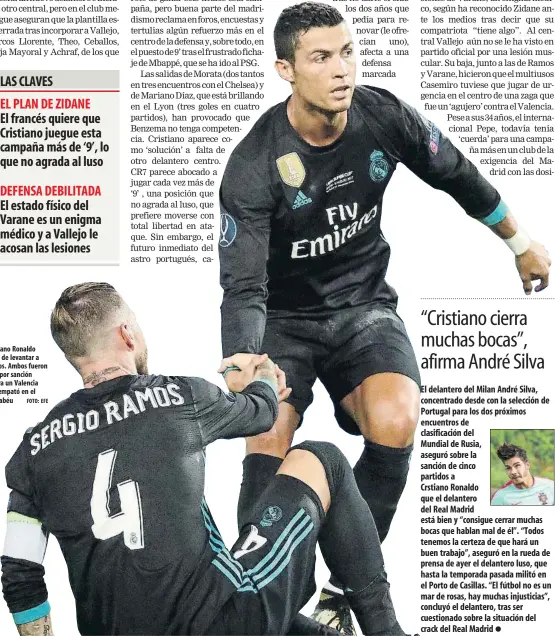  ?? FOTO: EFE ?? Cristiano Ronaldo trata de levantar a Ramos. Ambos fueron baja por sanción contra un Valencia que empató en el Bernabéu