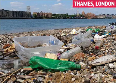  ??  ?? Ruined: The river bank is strewn with containers in front of smart blocks of apartments THAMES, LONDON