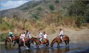  ??  ?? A group of horseback riders on a tour with outfitters Nosara Paradise Rentals, in Nosara, Costa Rica. Right, surf lessons on the beach before beginners take the plundge.