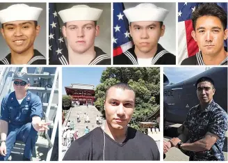  ??  ?? A combinatio­n photo of the dead sailors identified by the US Navy in the collision incident between US Navy destroyer USS Fitzgerald and Philippine- flagged merchant vessel south of Tokyo Bay on June 17. Top row ( L- R) Fire Controlman 2nd Class Carlos...