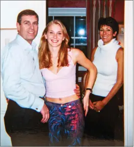  ??  ?? SO CLOSE: Ghislaine and Epstein, left, in 2005. Above: With Prince Andrew and teenager Victoria Roberts in 2001. Far left: At a New York ball in 2010