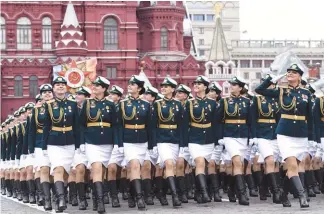  ?? AFPPIX ?? ... Russian military personnel parade past Red Square during the general rehearsal of the Victory Day parade in Moscow on Sunday. Russia marks the 73rd anniversar­y of the Soviet Union’s victory over Nazi Germany in World War II on Wednesday.