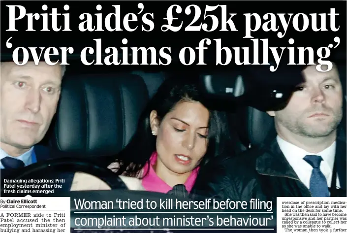  ??  ?? Damaging allegation­s: Priti Patel yesterday after the fresh claims emerged