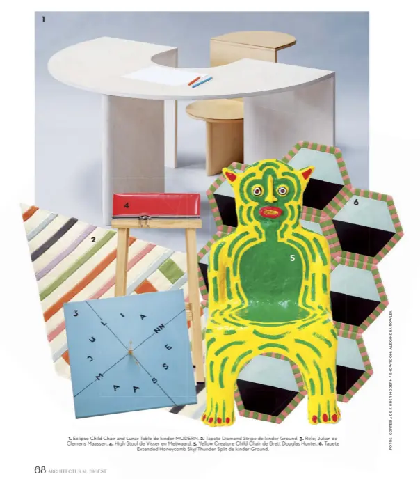  ??  ?? 1. Eclipse Child Chair and Lunar Table de kinder MODERN. 2. Tapete Diamond Stripe de kinder Ground. 3. Reloj Julian de Clemens Maassen. 4. High Stool de Visser en Meijwaard. 5. Yellow Creature Child Chair de Brett Douglas Hunter. 6. Tapete Extended Honeycomb Sky/thunder Split de kinder Ground.