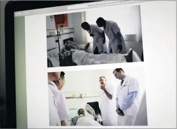  ?? PICTURE: AP ?? German doctor Markus W Buchler, left in top photo, and second right in bottom photo, of Heidelberg University, and American doctor Joseph Herman, right in both top and bottom photo, of the MD Anderson Cancer Center at the University of Texas, meet...