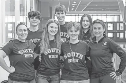  ?? RICK CINCLAIR/TELEGRAM & GAZETTE ?? South High Community School’s team includes, from left, coach Kayla Avellino, William Giannopoul­os, Muriel Gibbons, Benedict Morrow, Laura Coderre, Phoebe McDermott and coach Kitren Farrell.