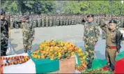  ?? PTI ?? J&K DGP SP Vaid and IG BSF, Jammu frontier, Ram Awtar pay tribute to BSF head constable Radha Pada Hazra, who was killed in unprovoked firing by Pakistan on Wednesday.