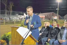  ?? LAWRENCE POWELL ?? David Hovell chair of 4-H Canada Council’s board of directors spoke at the opening ceremonies of the 2017 4-H Nova Scotia Pro Show held in Lawrenceto­wn Sept. 29 to Oct. 1. He said the next century belongs to 4-H as population­s increase and the demand...