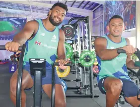  ?? Photo: Fijian Drua Media ?? Fijian Drua players Joseva Tamani (left) and Vilive Miramira training at their home base in Legalega, Nadi.