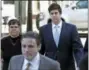  ?? CHRIS KNIGHT — THE ASSOCIATED PRESS ?? Craig Heimer, right, arrives for his preliminar­y hearing on charges related to the hazing death of Timothy Piazza at Penn State’s Beta Theta Pi fraternity at the Centre County Courthouse in Bellefonte, Pa., Monday.