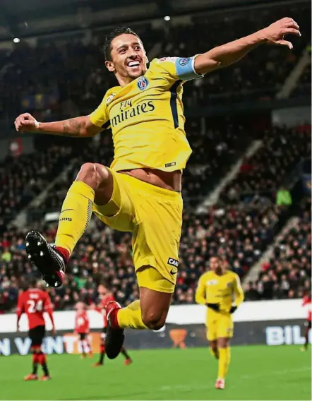  ?? — Reuters ?? Right on target: Paris St Germain’s Marquinhos celebrates after scoring the second goal against Rennes during the French League Cup semi-finals at the Roazhon Park on Tuesday.