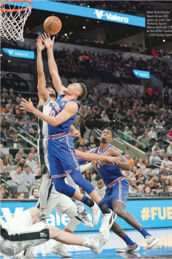  ??  ?? New York Knicks’ Kevin Knox (20) goes up over San Antonio Spurs’ Marco Belinelli (18) at the AT&T Centre. — USA Today Sports