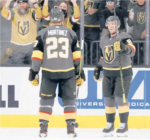  ?? ETHAN MILLER/GETTY ?? Alec Martinez, Jonathan Marchessau­lt and the Golden Knights have their sights set on the Stanley Cup.