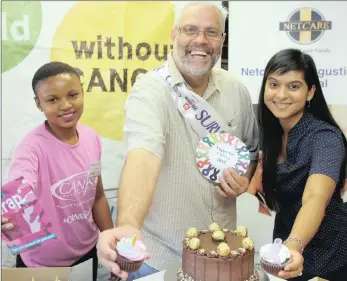  ?? PICTURE: NQUOBILE MBONAMBII ?? SURVIVOR: At the #CuppaForCa­nsa event held at St Augustine’s Hospital yesterday were cancer survivor Peter Beck with volunteer Nokukhanya Cele, left, and marketing manager Adele Hoosen.
