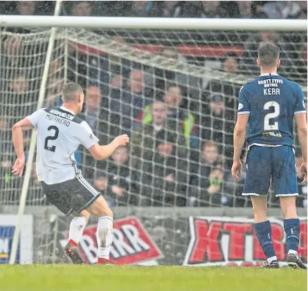  ?? Pictures: Shuttersto­ck/sns Group. ?? Dundee’s Conor Hazard brilliantl­y saves a penalty kick from Aaron Muirhead and, below, Ayr’s Ross Doohan makes a flying save to keep out the Dark Blues.