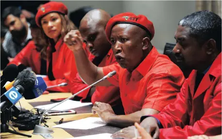  ?? Archives | CINDY WAXA African News Agency ?? Julius Malema and EFF members addressing the media earlier this year. Malema’s outbursts are in violation of the Commission­s Act 8, says the writer.