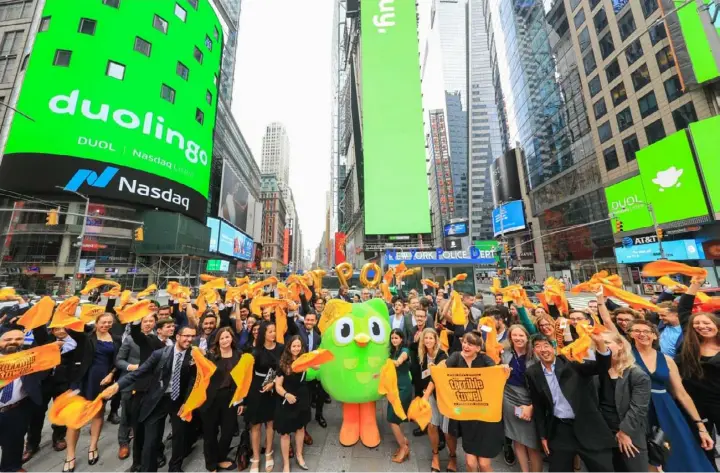  ?? Duolingo ?? Duolingo on its first day of public trading in July. The language-learning app closed its first day of trading on July 28 at $139 per share, well above the offering price of $102.