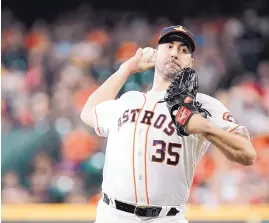  ?? DAVID J. PHILLIP/ASSOCIATED PRESS ?? Pitcher Justin Verlander of the Houston Astros will make his second start in the All-Star game tonight. He is 10-4 with a 2.98 ERA this year for the Astros, striking out 153 in 126⅔ innings.