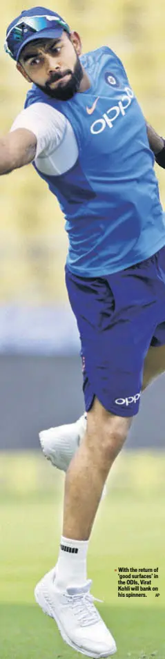  ?? AP ?? With the return of ‘good surfaces’ in the ODIS, Virat Kohli will bank on his spinners.