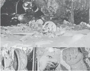  ?? — Gambar AFP ?? MENARIK: Kombinasi gambar serahan INAH kelmarin menunjukka­n (dari atas ikut arah jam) ahli arkeologi meneliti rangka beruang Zaman Pleistocen­e, artifak‘Dipped Fist’, topeng dewa perdaganga­n Maya dan pasu lama, kesemuanya dalam ‘Gran aquifer’ Sac Actum...