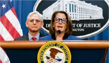  ?? JOSE LUIS MAGANA/ASSOCIATED PRESS ?? Deputy Attorney General Lisa Monaco with Attorney General Merrick Garland during a briefing at the Department of Justice in Washington last month.