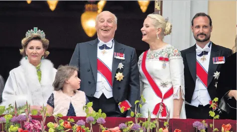  ??  ?? Birthday jollity: (from left) Queen Sonja, King Harald, Crown Princess Mette-Marit and Crown Prince Haakon. Left: Marius Borg Hoiby