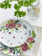  ??  ?? ‘FLORAL PATTERNS feel so SPRING-LIKE’ ABOVE Garden Room dinner plate, £3.50, and side plate, £3, both Sainsbury’s RIGHT Roseto wallpaper in Celadon, £68 a roll, Designers Guild (designers guild.com). Other items, stylist’s own