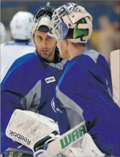  ?? ARLEN REDEKOP/ PNG ?? Roberto Luongo sports the logo he never thought he’d wear again Friday, practising with the Canucks at the University of B. C.