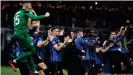  ??  ?? Atalanta celebrate their big 4-1 over Valencia, but the game has since been described as a 'biological bomb'