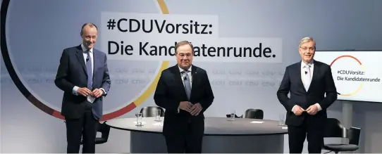  ?? [ Reuters ] ?? Im Kampf um den CDU-Vorsitz stellt sich auch diese Frage: Welcher der drei Bewerber Friedrich Merz, Armin Laschet und Norbert Röttgen (v. l.) punktet bei Wählerinne­n?