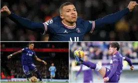  ?? NurPhoto/Shuttersto­ck; ProSports/Shuttersto­ck ?? Clockwise from top: PSG's Kylian Mbappé, Dusan Vlahovic of Fiorentina and the Leeds midfielder Raphinha are among those in the shop window. Composite: AFP via Getty Images;