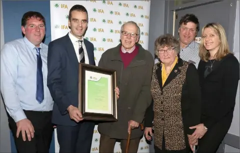  ??  ?? James Kehoe, chairperso­n, Wexford IFA, Joe Healy, national president, IFA; George Williamson from Ambrosetow­n, Duncormick with his wife Nual, son Ken and daughter Evelyn. George was presented with honorary life membership of the IFA.